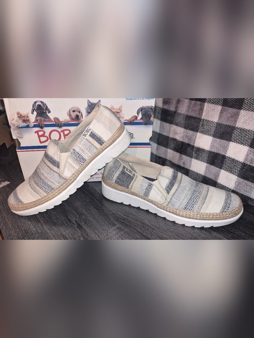Skechers BOBS Slip-On Moccasins in Beige and Navy Stripe